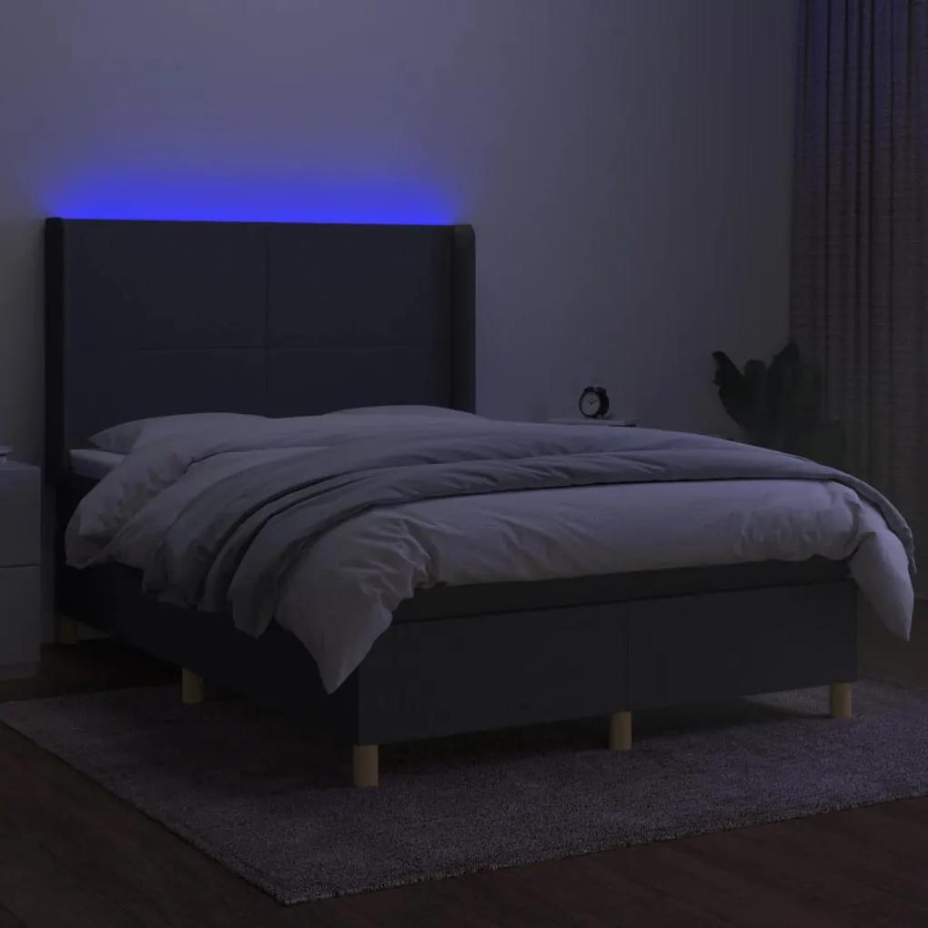 vidaXL Κρεβάτι Boxspring με Στρώμα & LED Σκ.Γκρι 140x190εκ. Υφασμάτινο