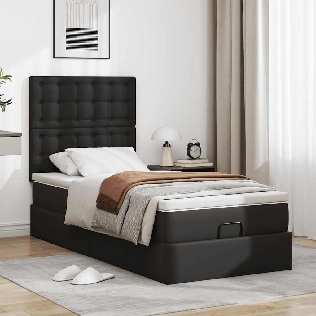 Οθωμανικό κρεβάτι με στρώμα Μαύρο 80x200cm Faux Leather - Μαύρο