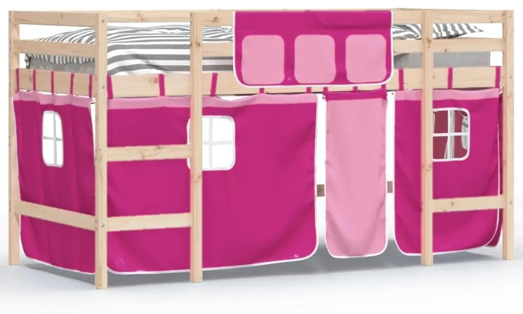 Υπερυψ. Κρεβάτι με Κουρτίνες Ροζ 80 x 200 εκ. Μασίφ Ξύλο Πεύκου - Ροζ