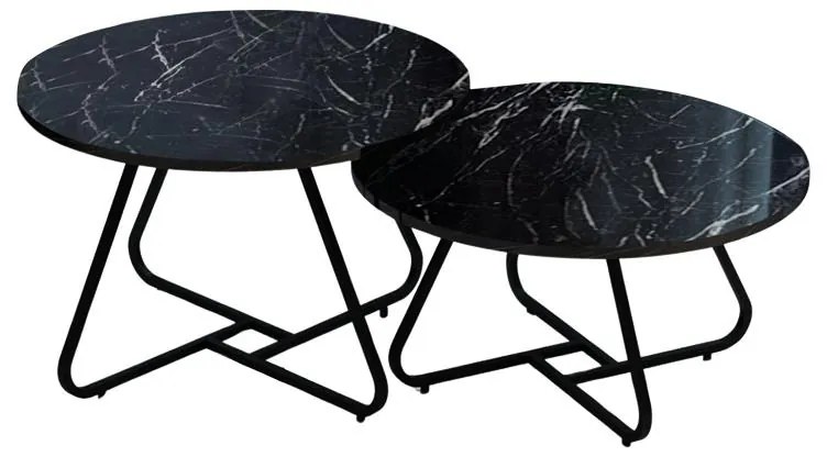 Τραπέζια σαλονιού Symeli σετ 2τεμ μαύρο μέταλλο και μελαμίνη σε απόχρωση μαύρο μαρμάρου 60x75x45εκ 76x76x49 εκ.