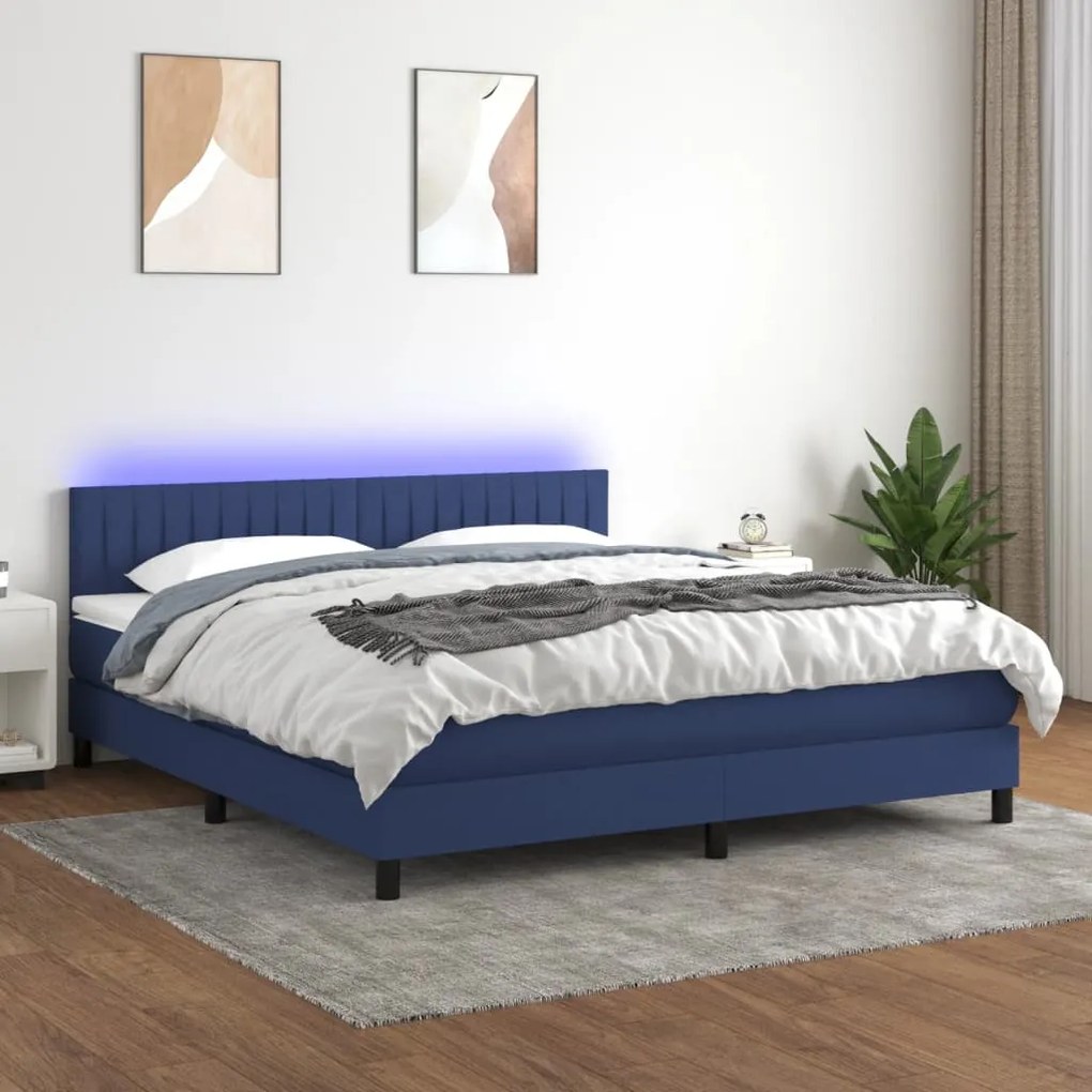 Κρεβάτι Boxspring με Στρώμα &amp; LED Μπλε 180x200 εκ. Υφασμάτινο - Μπλε