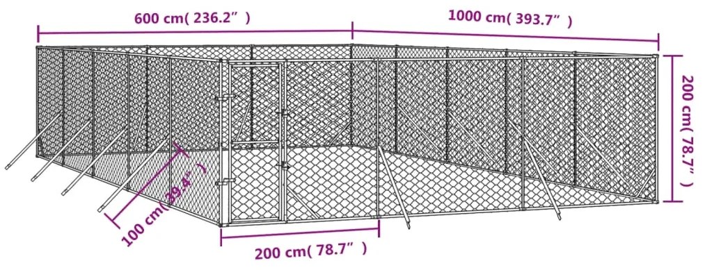 vidaXL Κλουβί Σκύλου Εξωτερ. Χώρου Ασημί 6x10x2 μ. από Γαλβαν. Ατσάλι