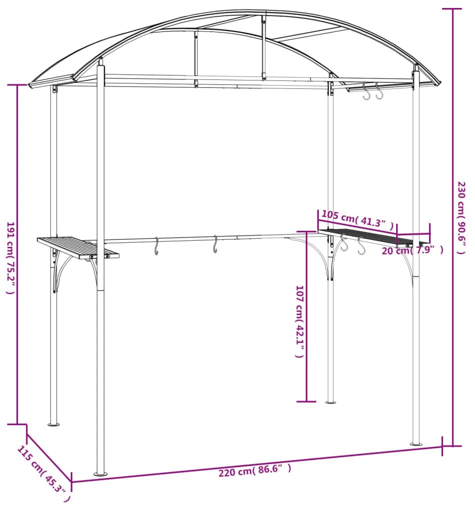 Κιόσκι Μπάρμπεκιου με Πλαϊνά Ράφια Ανθρακί 220x115x230εκ Ατσάλι - Ανθρακί