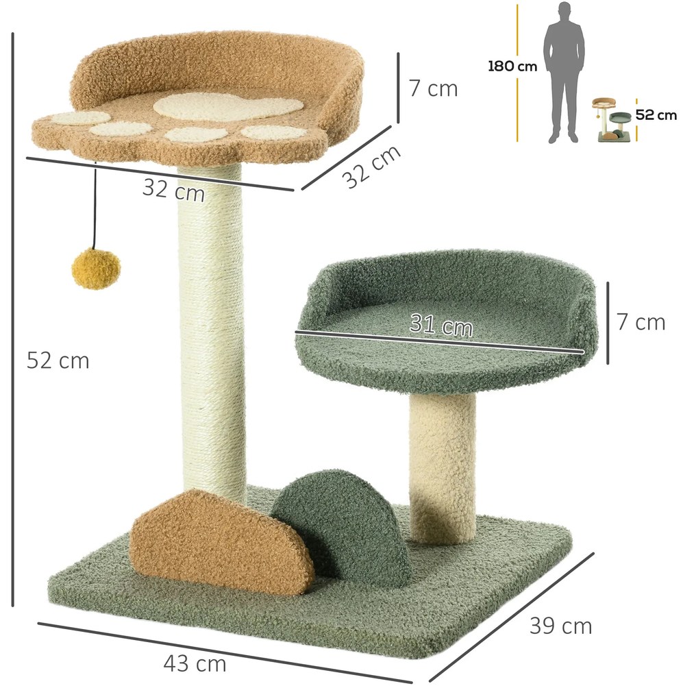 PawHut Μικρό δέντρο για γάτες με 2 επίπεδα ανάπαυσης, συμπεριλαμβανομένου παιχνιδιού, για μικρές γάτες, Πράσινο Μπεζ+ Καφέ