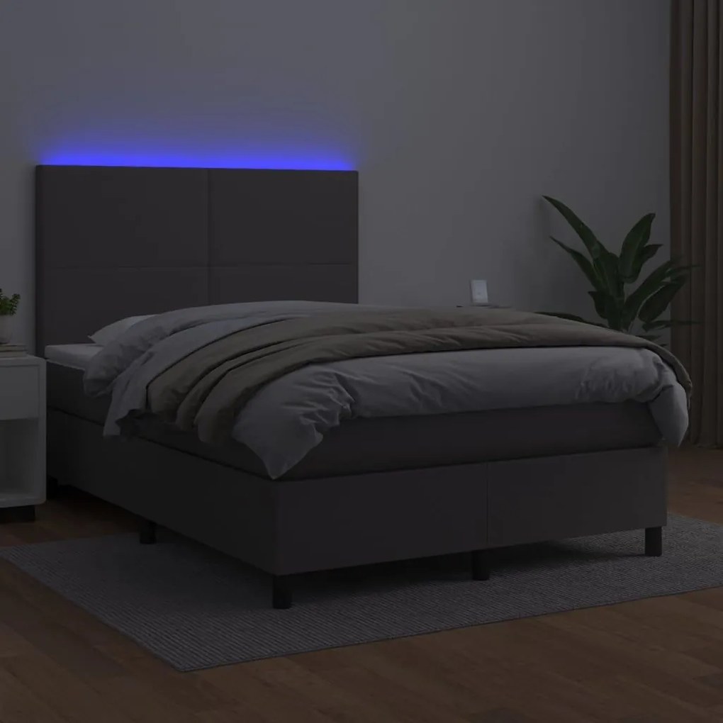 Κρεβάτι Boxspring με Στρώμα &amp; LED Γκρι 140x200 εκ. Συνθ. Δέρμα - Γκρι