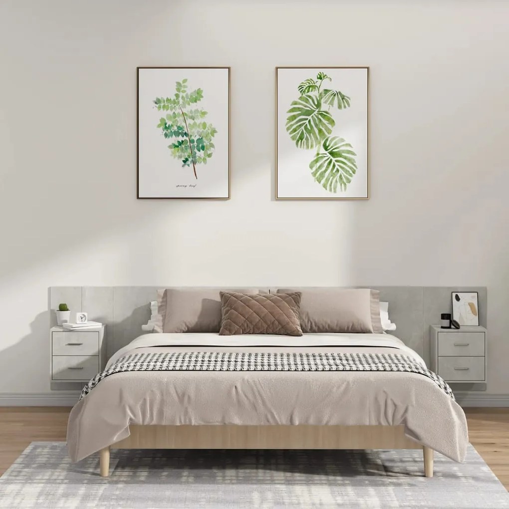 vidaXL Κεφαλάρι Κρεβατιού με Κομοδίνα Γκρι Σκυροδέματος Επεξεργ. Ξύλο