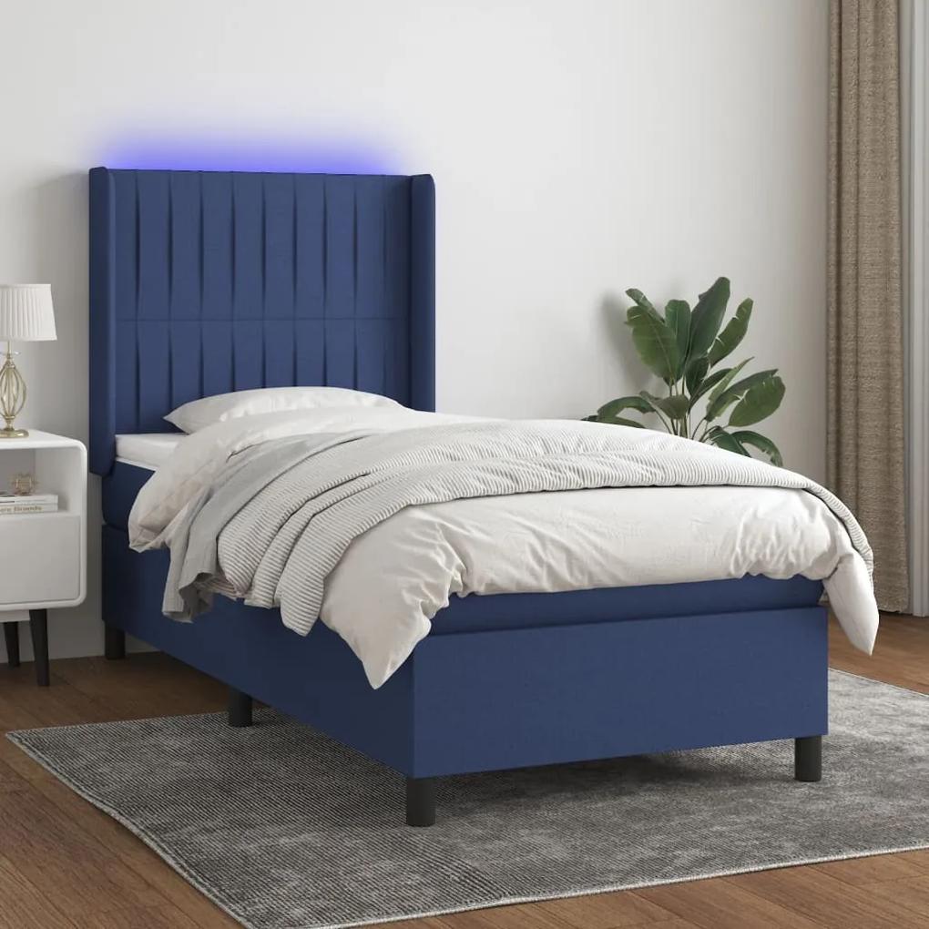 Κρεβάτι Boxspring με Στρώμα &amp; LED Μπλε 90x200 εκ. Υφασμάτινο