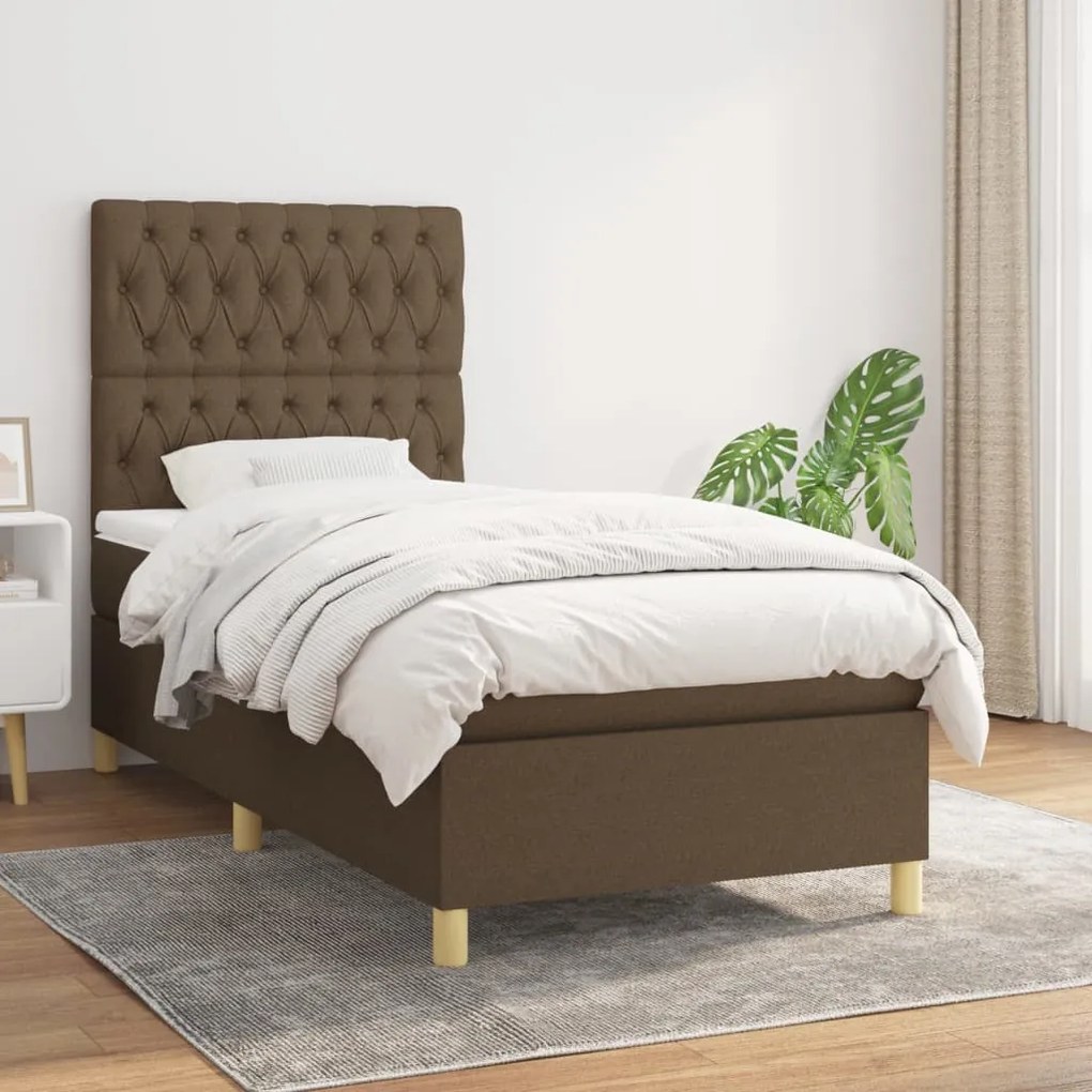 Κρεβάτι Boxspring με Στρώμα Σκούρο Καφέ 90x200 εκ. Υφασμάτινο