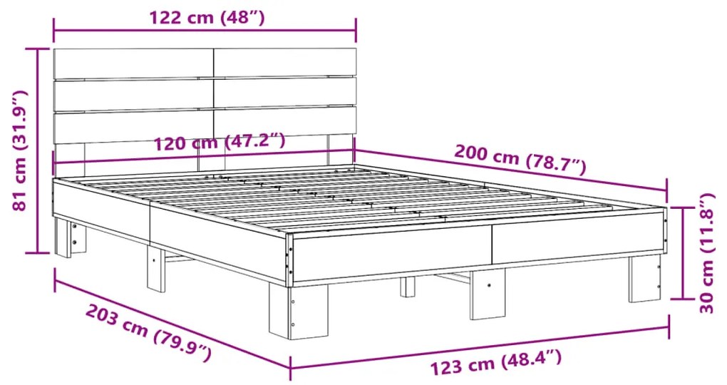 Πλαίσιο Κρεβατιού Καφέ Δρυς 120x200 εκ. Επεξ. Ξύλο &amp; Μέταλλο - Καφέ