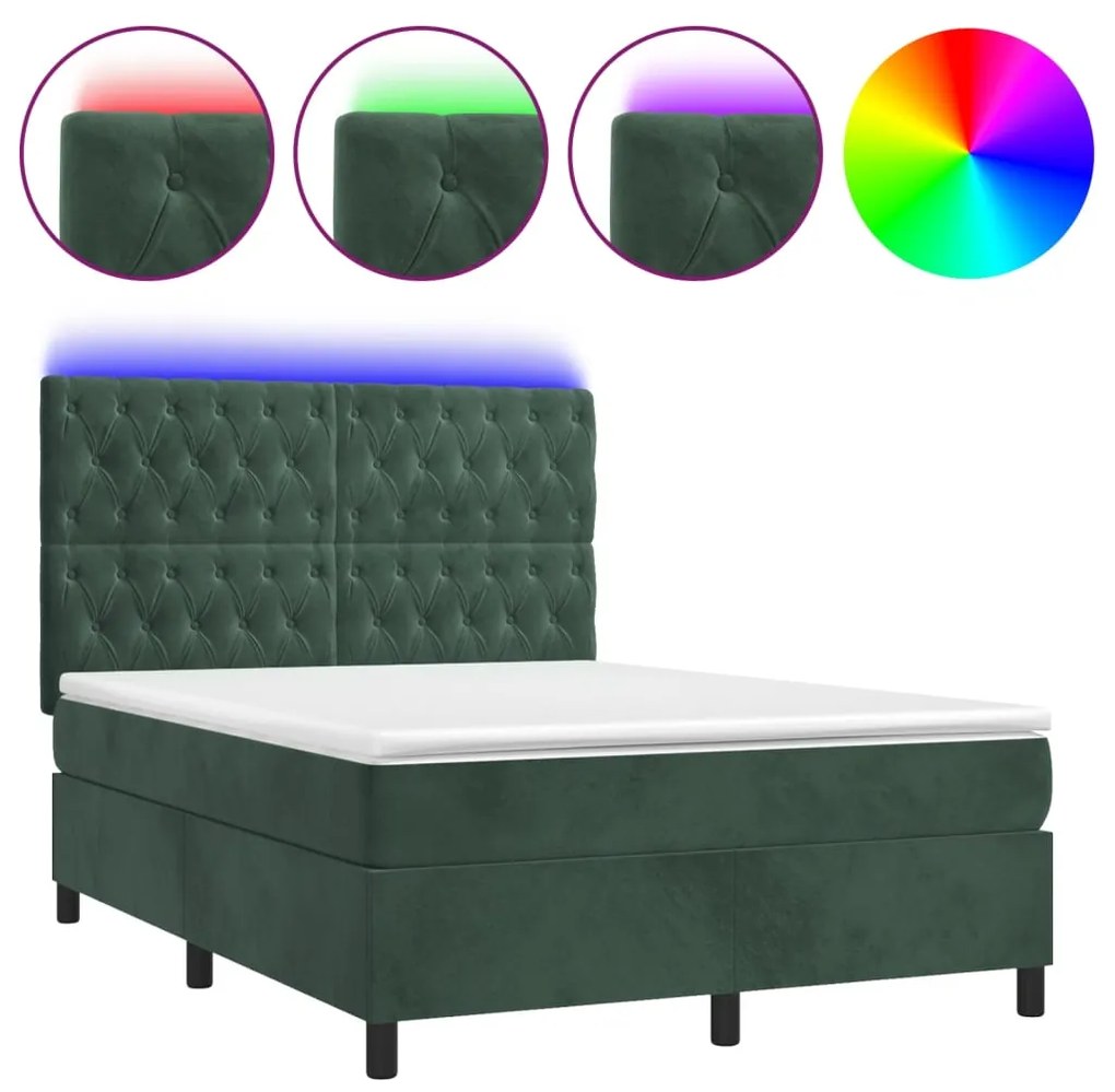 vidaXL Κρεβάτι Boxspring με Στρώμα & LED Σκ. Πράσινο 140x190εκ Βελούδο