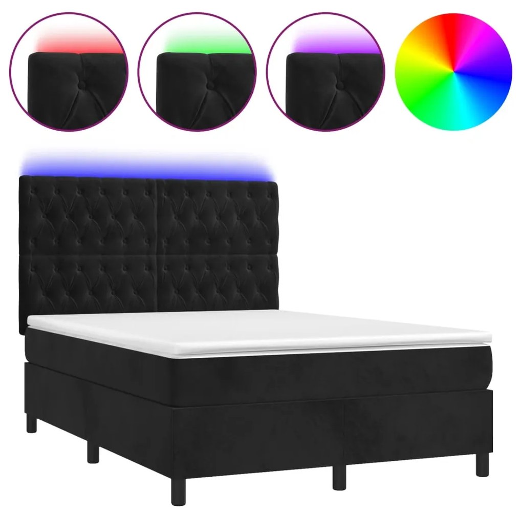 vidaXL Κρεβάτι Boxspring με Στρώμα & LED Μαύρο 140x200 εκ. Βελούδινο