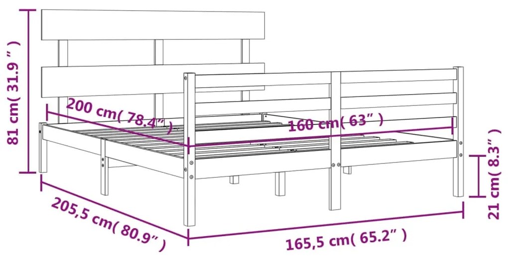 Πλαίσιο Κρεβατιού με Κεφαλάρι Λευκό 160x200 εκ. Μασίφ Ξύλο - Λευκό