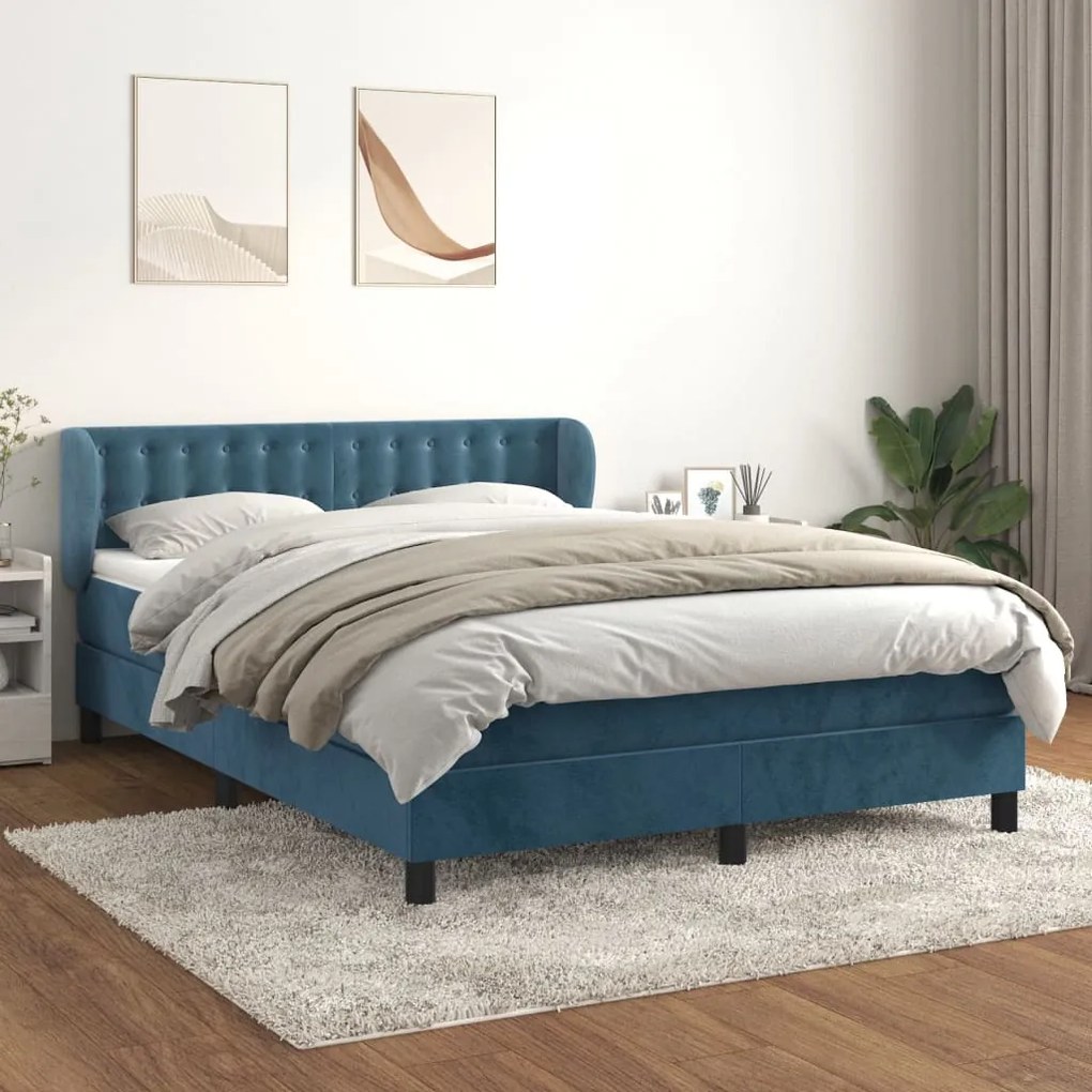 vidaXL Κρεβάτι Boxspring με Στρώμα Σκούρο Μπλε 140x200 εκ. Βελούδινο