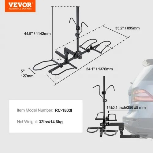 VEVOR Hitch Mount Bike Rack, 2-Bike Platform Style, 160 LBS Max Capacity Bike Rack Hitch for 2-inch Receiver, Titling and Folding Bike Carrier with Tires up to 5&quot; Wide, for Car, SUV, Truck, RV, Rectangular interface