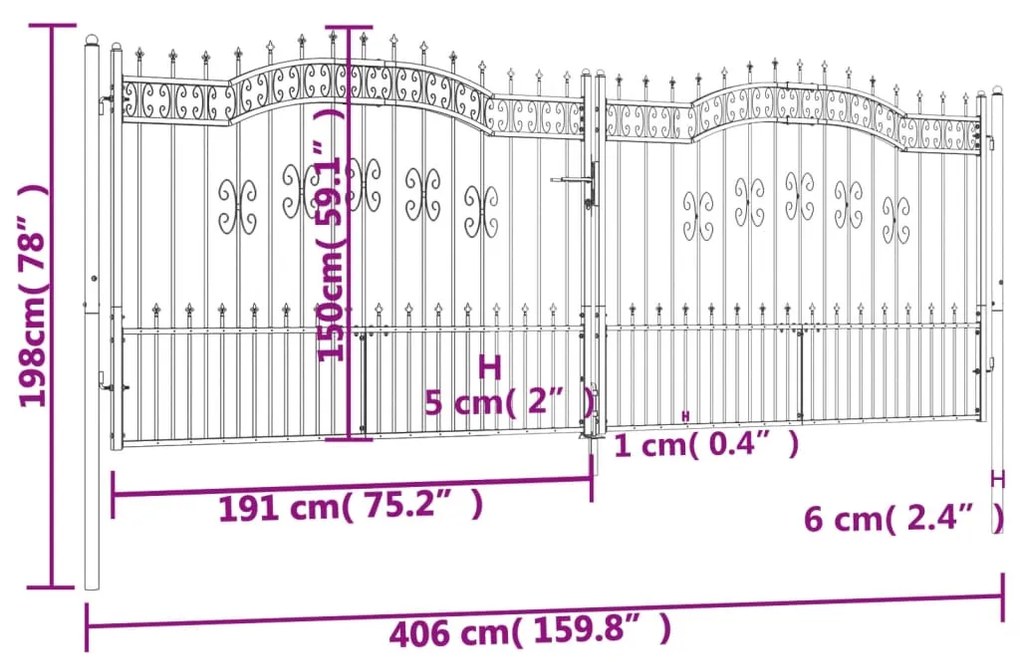 vidaXL Πόρτα Φράχτη με Ακίδες Μαύρη 406x198 εκ. Ατσάλι με Ηλεκτρ. Βαφή