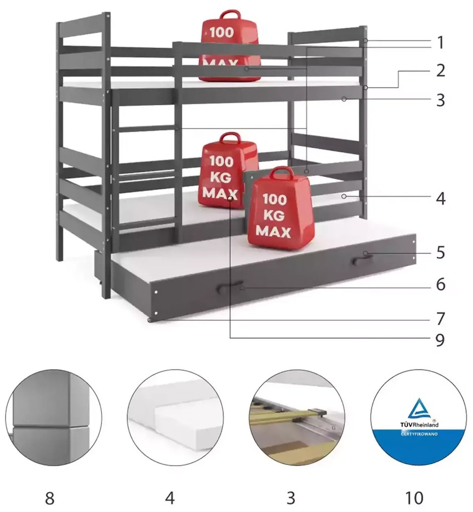 Κουκέτα  Puzzle με 3o Κρεβάτι από μασίφ ξύλο Grey  90×200cm (Δώρο τα Στρώματα)