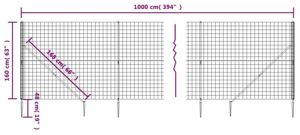 vidaXL Συρματόπλεγμα Περίφραξης Ανθρακί 1,6 x 10 μ. με Καρφωτές Βάσεις