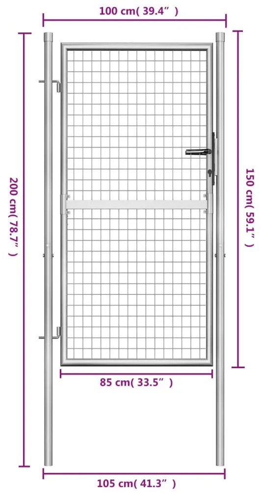 vidaXL Πόρτα Περίφραξης Ασημί 105 x 200 εκ. από Γαλβανισμένο Χάλυβα