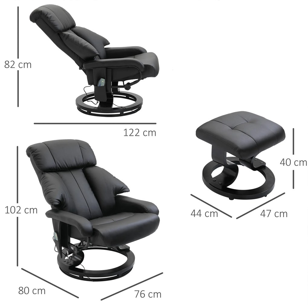 HOMCOM Πολυθρόνα Μασάζ με Υποπόδιο, 10 Σημεία Δόνησης, 145° Ρυθμιζόμενη Πλάτη, Μαύρο