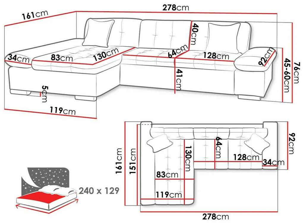 Γωνιακός Καναπές Comfivo 151, Λειτουργία ύπνου, Αποθηκευτικός χώρος, 278x161x76cm, 119 kg, Πόδια: Πλαστική ύλη | Epipla1.gr