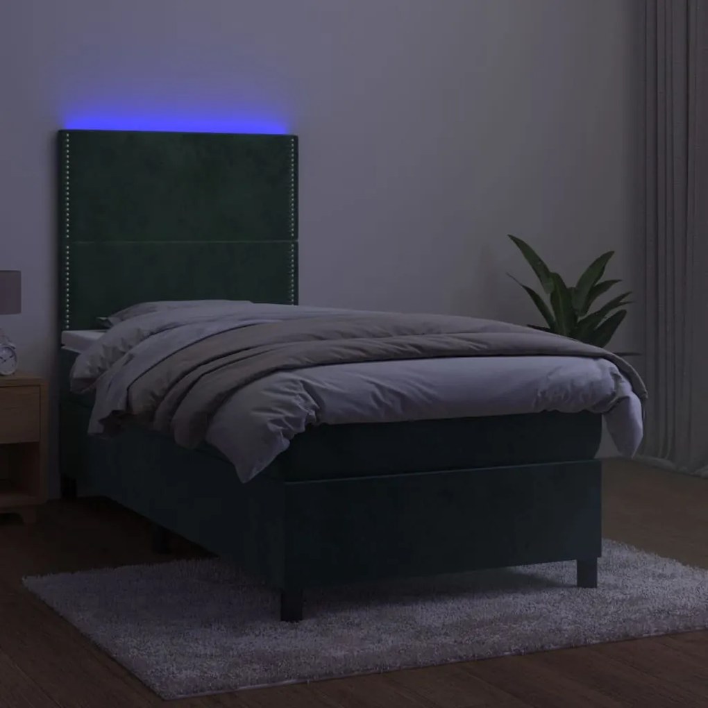 vidaXL Κρεβάτι Boxspring με Στρώμα & LED Σκ. Πράσινο 90x200 εκ Βελούδο