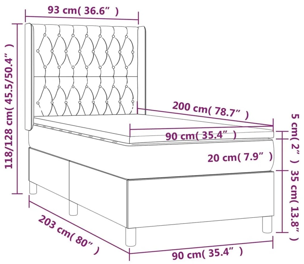 Κρεβάτι Boxspring με Στρώμα &amp; LED Μαύρο 90x200 εκ. Βελούδινο - Μαύρο