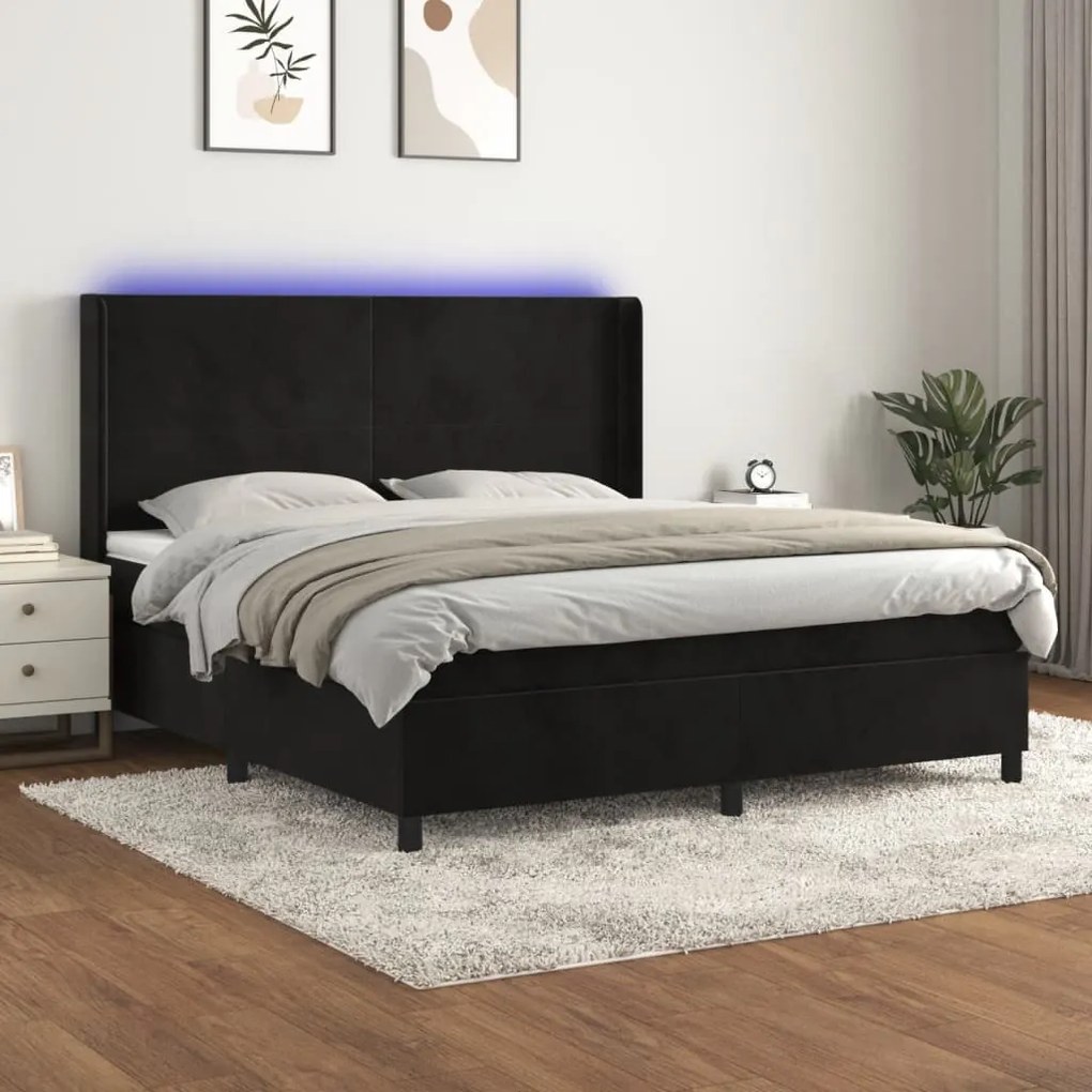 vidaXL Κρεβάτι Boxspring με Στρώμα &amp; LED Μαύρο 160x200 εκ. Βελούδινο