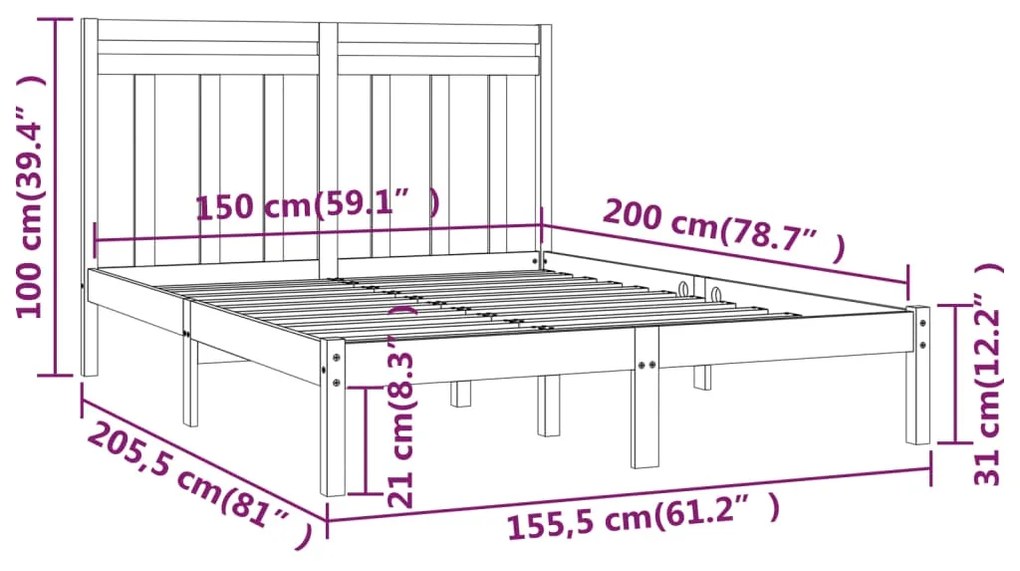 Πλαίσιο Κρεβατιού Μαύρο 150 x 200 εκ. Μασίφ Ξύλο King Size - Μαύρο