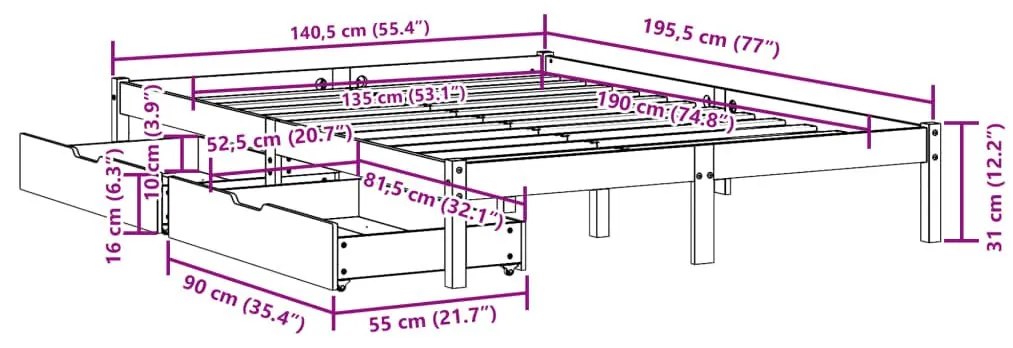 Σκελετός Κρεβ. Χωρίς Στρώμα Καφέ Κεριού 135x190 εκ Μασίφ Πεύκο - Καφέ