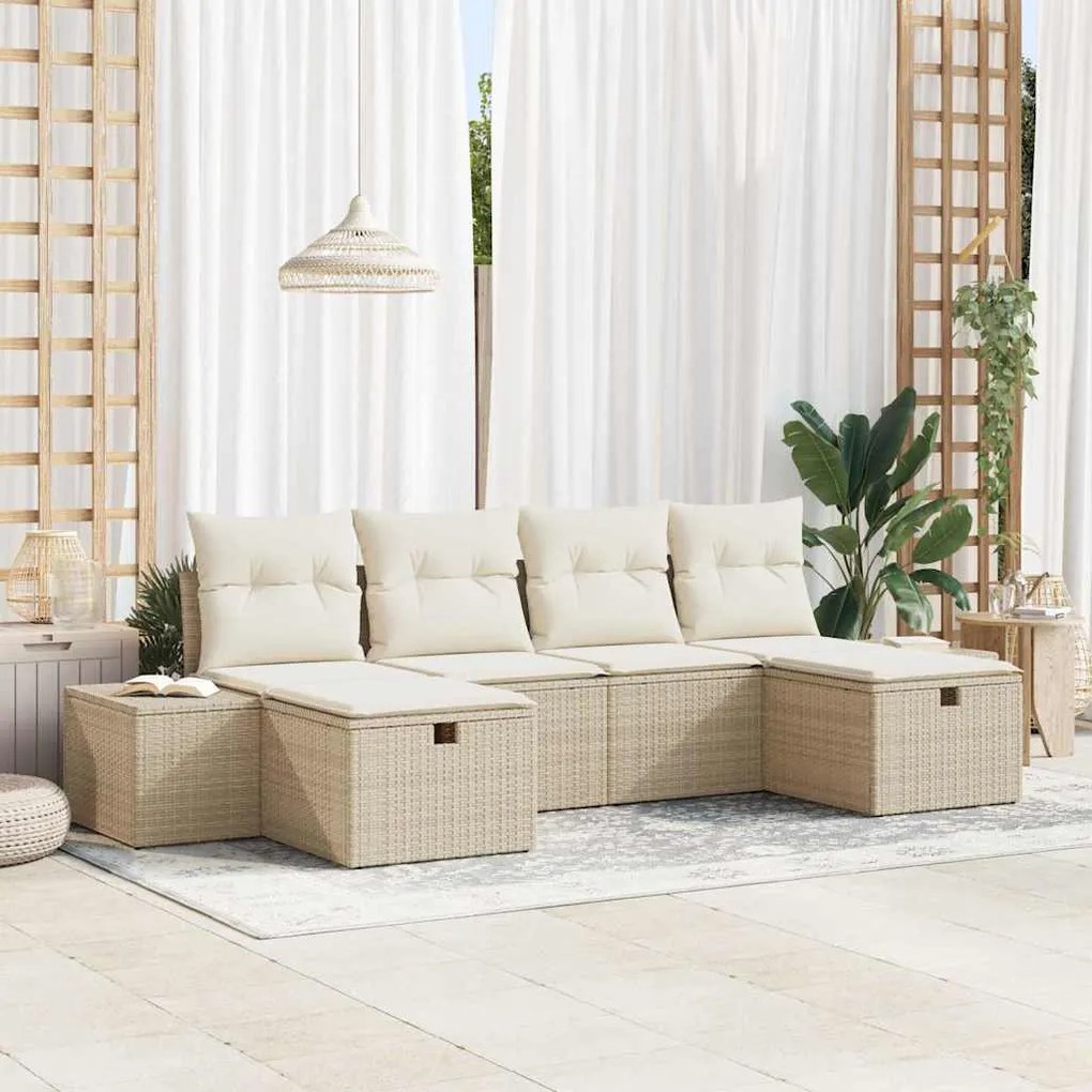 vidaXL Σετ Καναπέ Κήπου με μαξιλάρι 6 pcs Μπεζ Πολυ ράταν