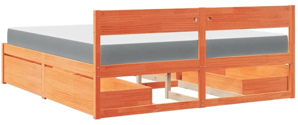 vidaXL Κρεβάτι με Συρτάρια+Στρώμα Καφέ 200x200 εκ. Μασίφ Ξύλο Πεύκου