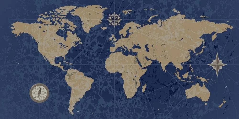 Εικόνα στον παγκόσμιο χάρτη φελλού με πυξίδα σε ρετρό στυλ σε μπλε φόντο - 100x50  arrow