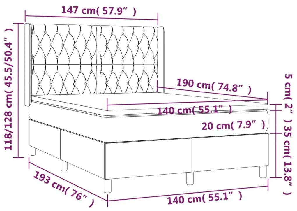 Κρεβάτι Boxspring με Στρώμα &amp; LED Σκ. Γκρι 140x190εκ. Βελούδινο - Γκρι