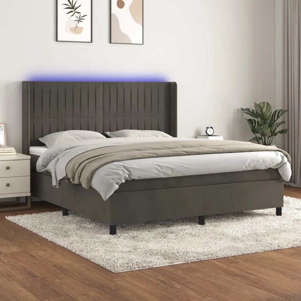Κρεβάτι Boxspring με Στρώμα & LED Σκ. Γκρι 180x200εκ. Βελούδινο