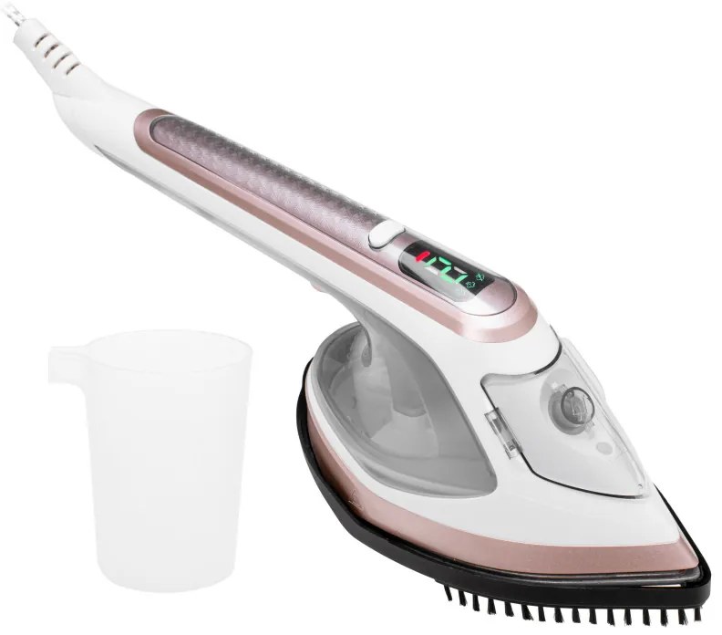 Σίδερο ατμού 2in1 Adler AD 5044, 1800W, 180ml, 25g/min, Κεραμική πλάκα, οθόνη LED, Κάθετο και οριζόντιο σιδέρωμα, Λευκό/Χρυσό