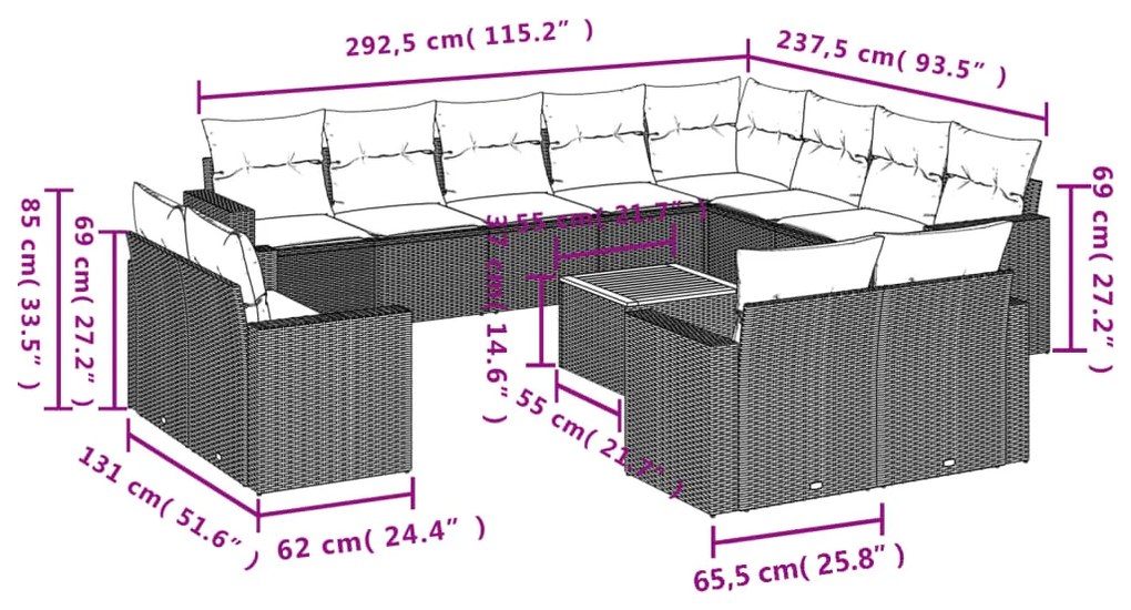 vidaXL Σετ Καναπέ Κήπου 13τεμ Μπεζ Συνθ. Ρατάν με Μαξιλάρια