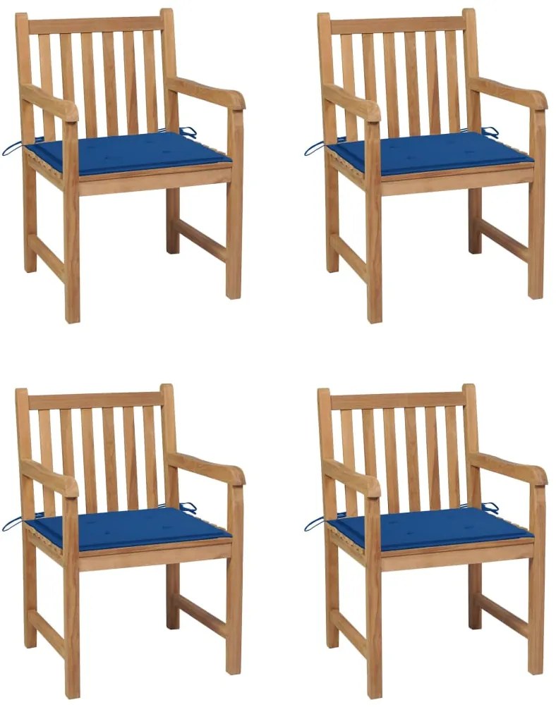 vidaXL Καρέκλες Κήπου 4 τεμ από Μασίφ Ξύλο Teak με Μπλε Ρουά Μαξιλάρια