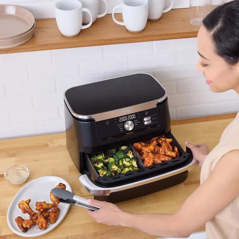 Διπλή φριτέζα με ζεστό αέρα Ninja AF500EU, 10,4 l, 7 προγράμματα, Χρονοδιακόπτης, Ανεξάρτητες ζώνες, Μαύρο/Ινοχ