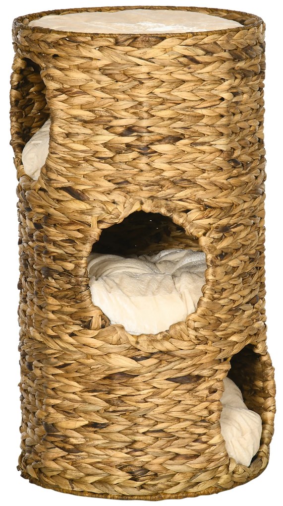 PawHut Σπηλιά γάτας με 3 επίπεδα, 3 εισόδους, σχέδιο Boho, με μαξιλάρι, 40 cm x 40 cm x 73 cm, Ανοιχτό καφέ + Κρεμ λευκό