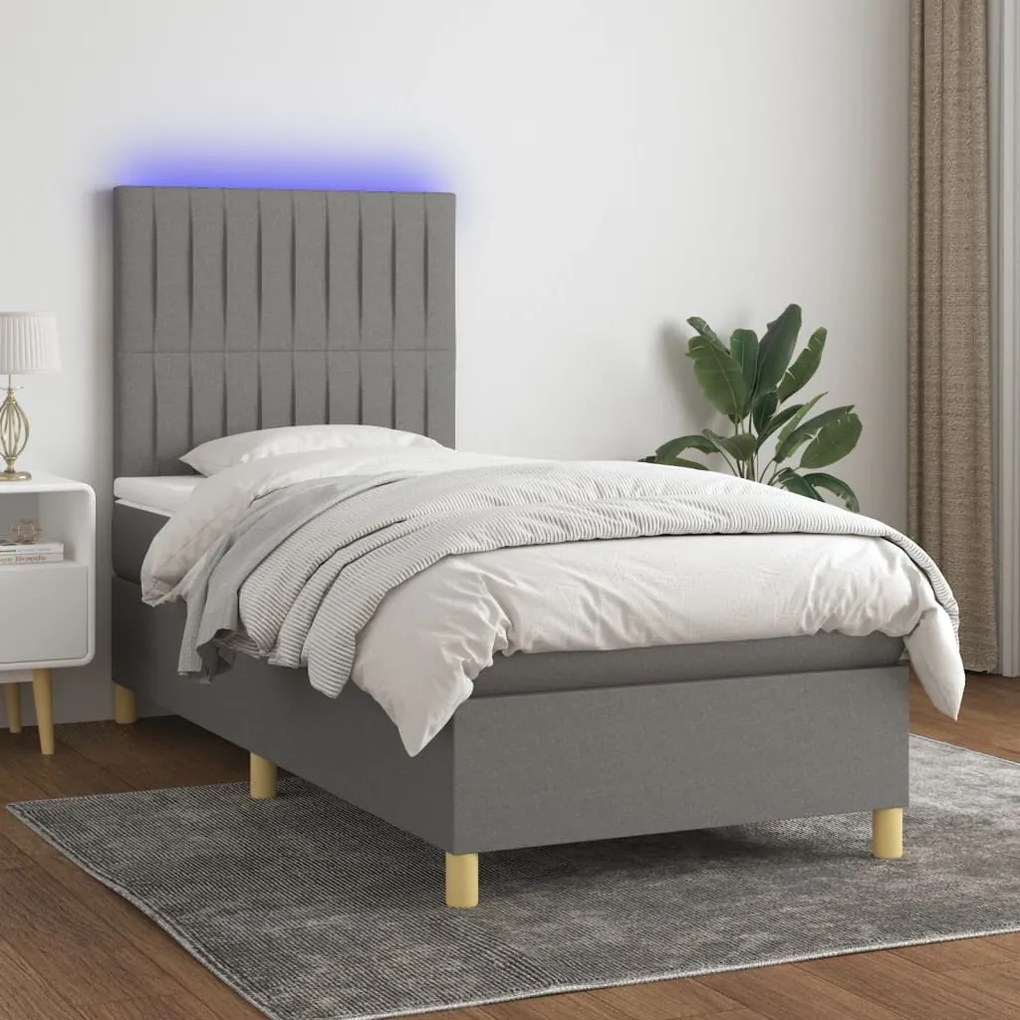 Κρεβάτι Boxspring με Στρώμα &amp; LED Σκ.Γκρι 90x190 εκ. Υφασμάτινο