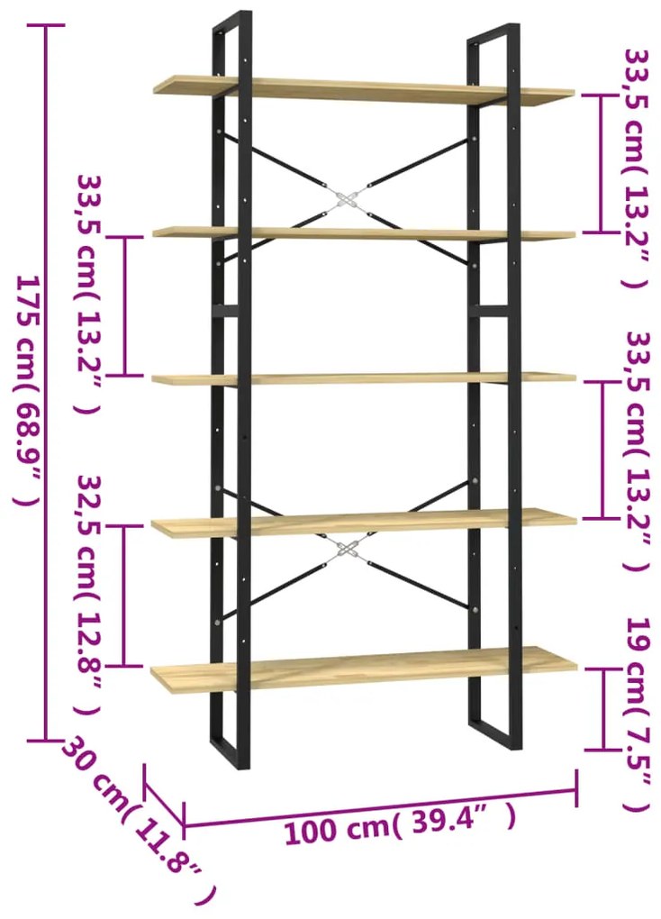 vidaXL Βιβλιοθήκη με 5 Ράφια 100 x 30 x 175 εκ από Ξύλο Πεύκου