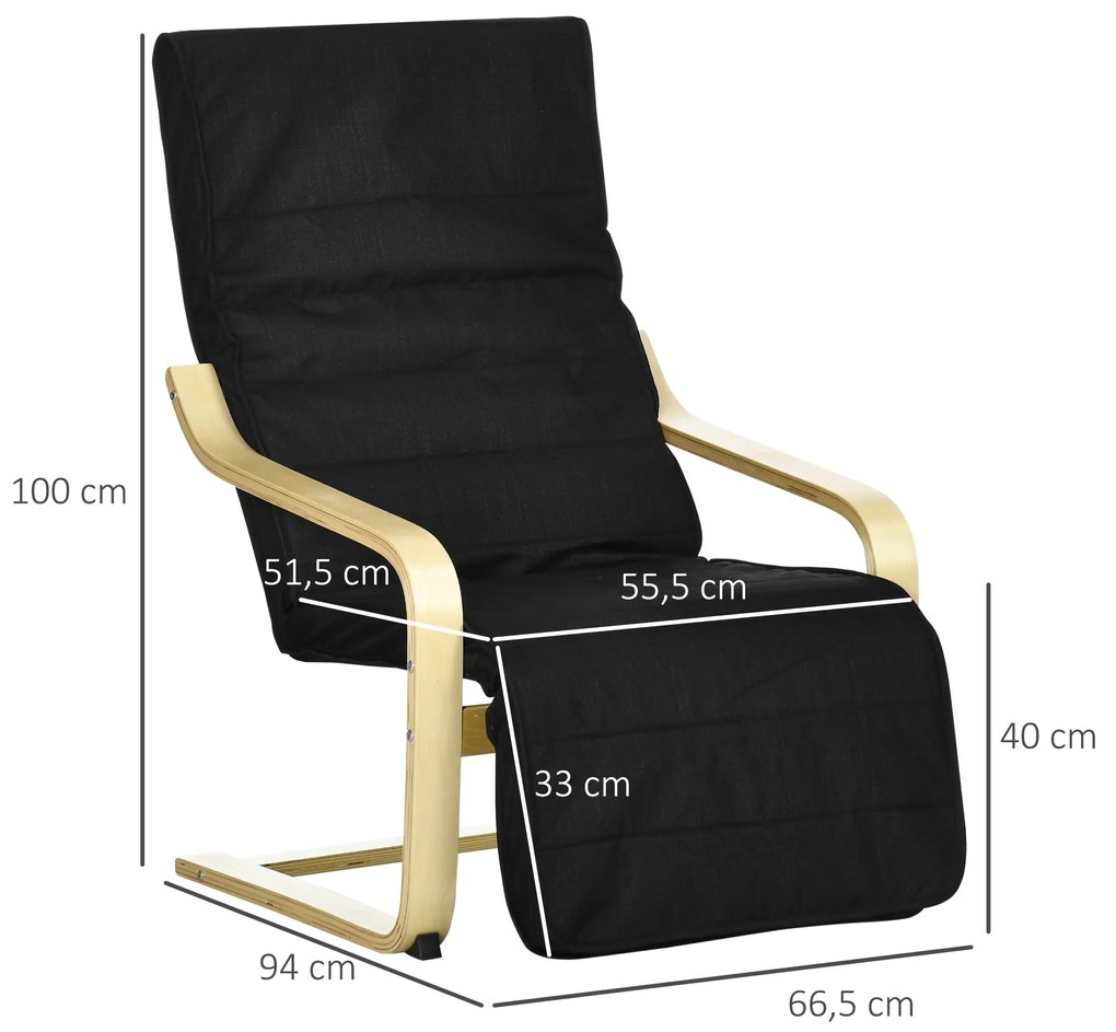 HOMCOM Πολυθρόνα Relax, Ξαπλώστρα, Ρυθμιζόμενο Υποπόδιο, Μαξιλάρι, Ξύλο+Μαύρο, 66,5 x 94 x 100cm