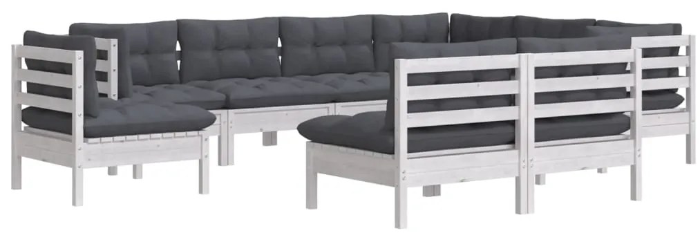 vidaXL Σαλόνι Κήπου Σετ 9 Τεμαχίων Λευκό από Ξύλο Πεύκου με Μαξιλάρια
