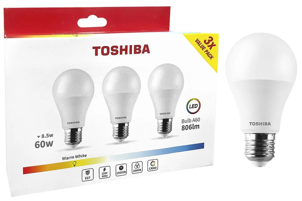 Λάμπες led toshiba σετ=3 τεμ n_3pack a60 e27 8,5w 3000k  Toshiba 00168871 88-454