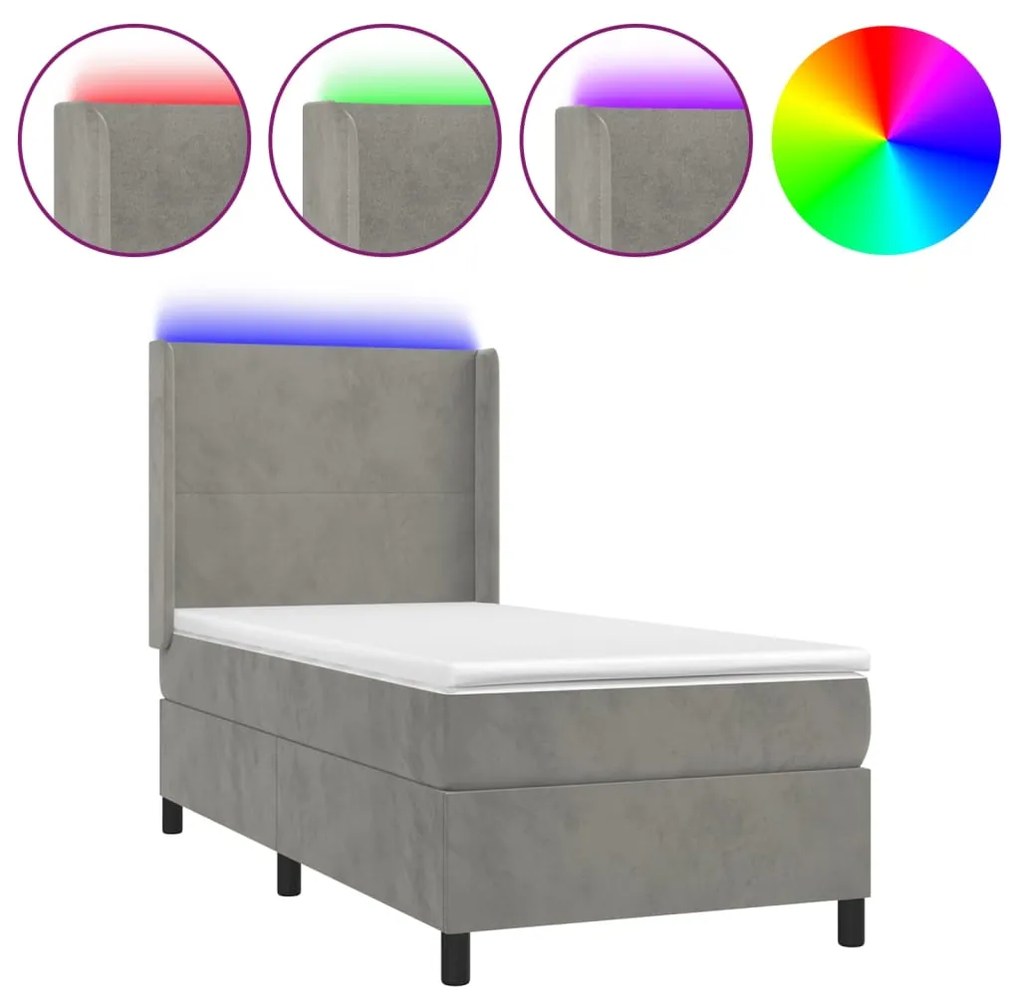 vidaXL Κρεβάτι Boxspring με Στρώμα & LED Αν.Γκρι 100x200 εκ. Βελούδινο