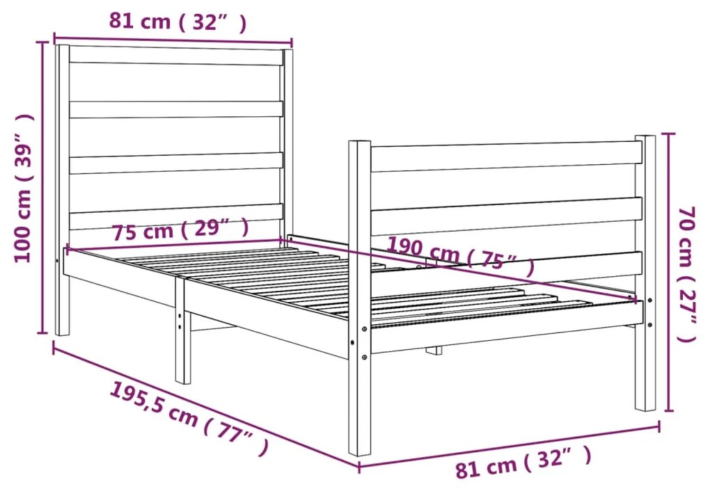 vidaXL Πλαίσιο Κρεβατιού 75x190 εκ. από Μασίφ Πεύκο 2FT6 Small Single