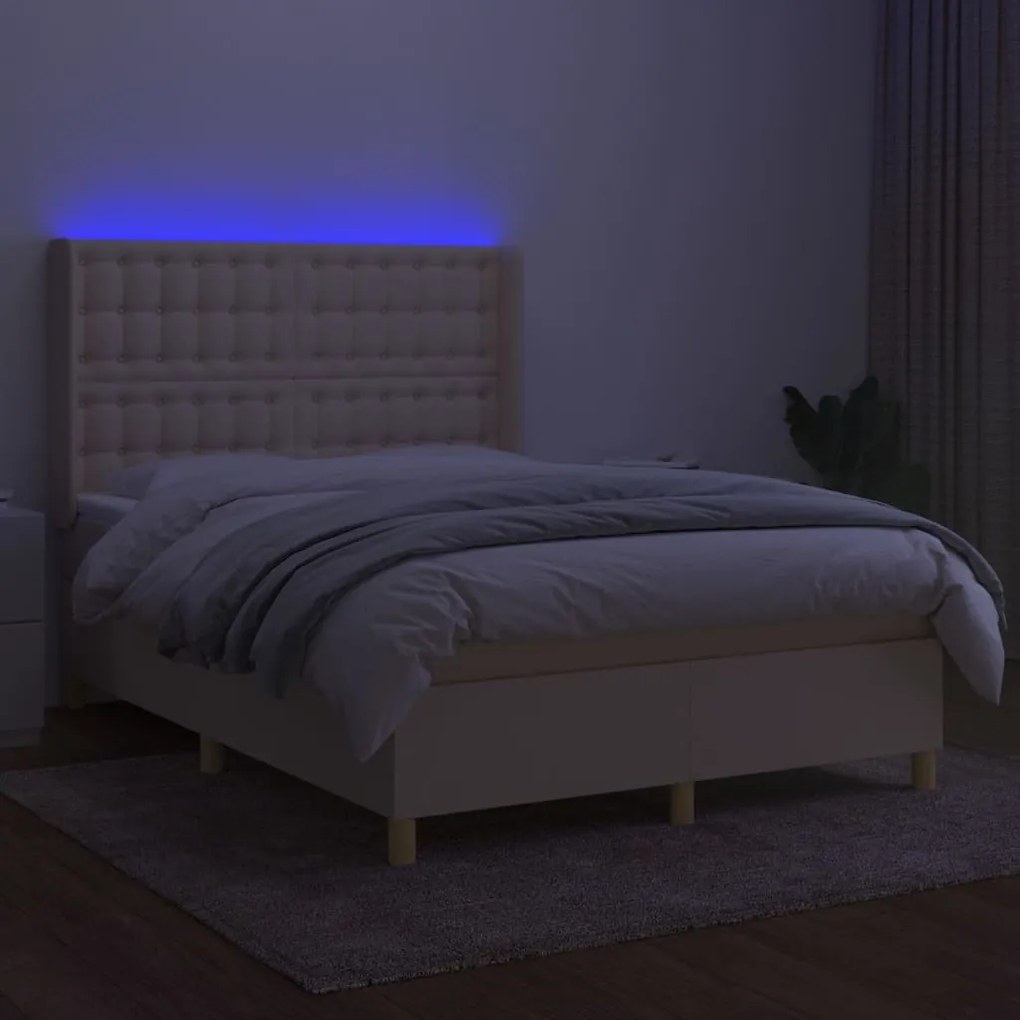 Κρεβάτι Boxspring με Στρώμα &amp; LED Κρεμ 140x200 εκ. Υφασμάτινο - Κρεμ