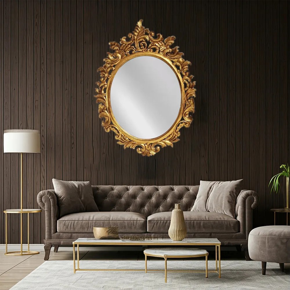 Artekko Mirroki Ξύλινος Oval Χρυσός Σκαλιστός Καθρέπτης Τοίχου (110 x 85)cm