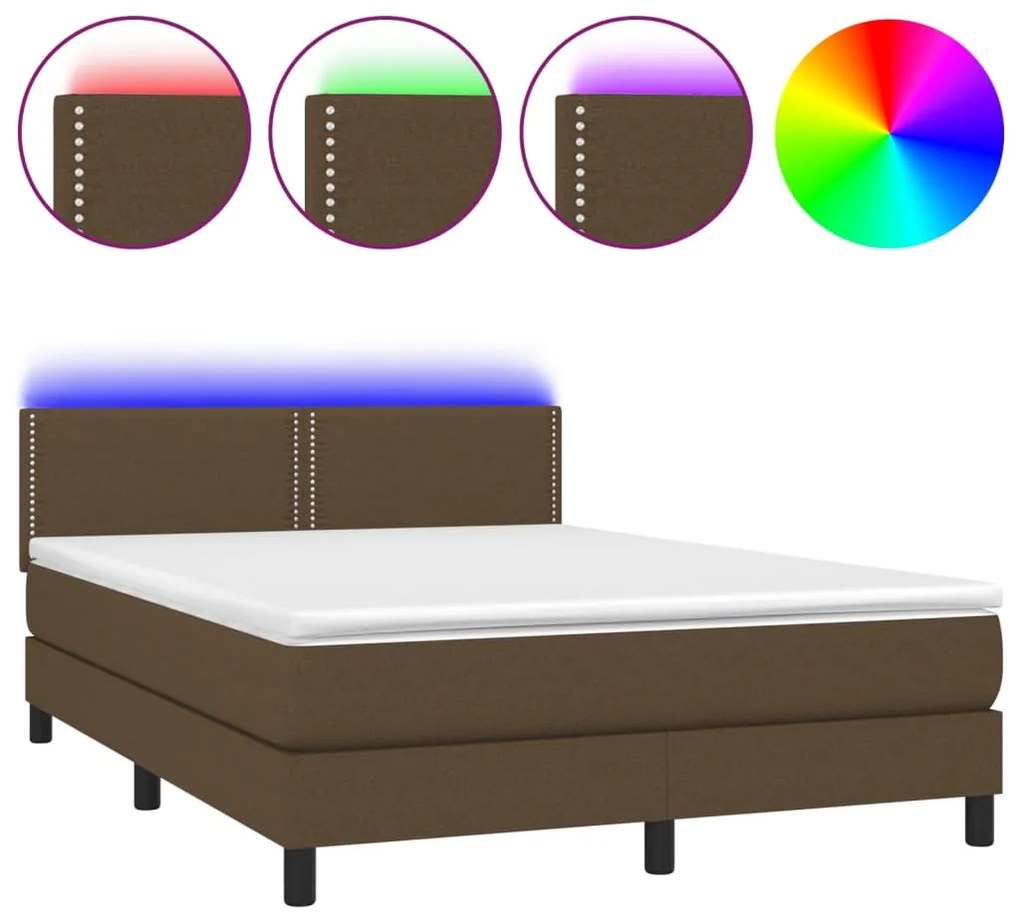 Κρεβάτι Boxspring με Στρώμα &amp; LED Σκ.Καφέ 140x200 εκ Υφασμάτινο - Καφέ