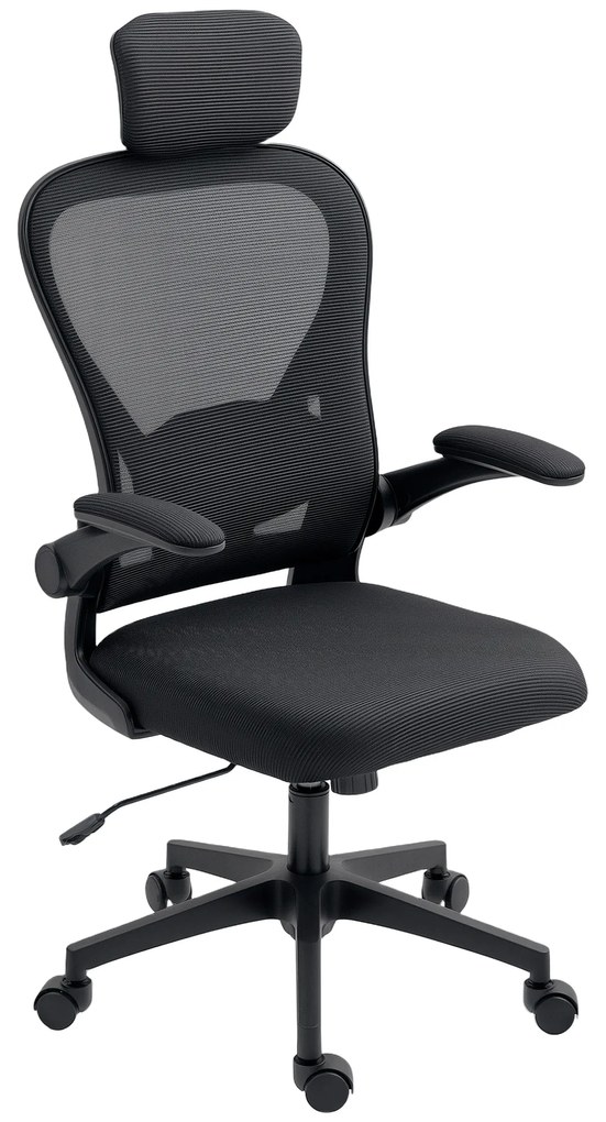 HOMCOM Εργονομική καρέκλα γραφείου με αναδιπλούμενα μπράτσα, ρυθμιζόμενη οσφυϊκή υποστήριξη Μαύρο